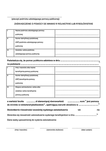 ZoPDMr Zaświadczenie o pomocy de minimis w rolnictwie lub rybołówstwie