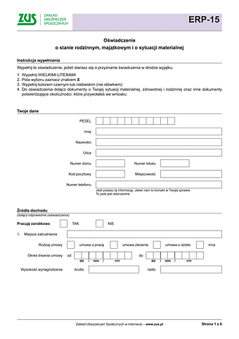 ZUS ERP-15 Oświadczenie o stanie rodzinnym, majątkowym i o sytuacji materialnej
