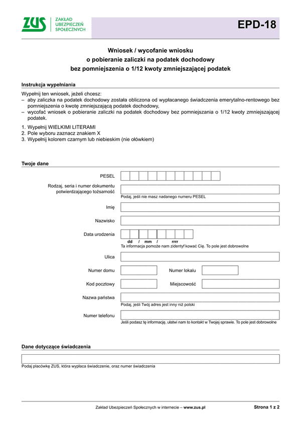 ZUS EPD-18 Wniosek o pobieranie zaliczki na podatek dochodowy bez pomniejszania o 1/12 kwoty zmniejszającej podatek