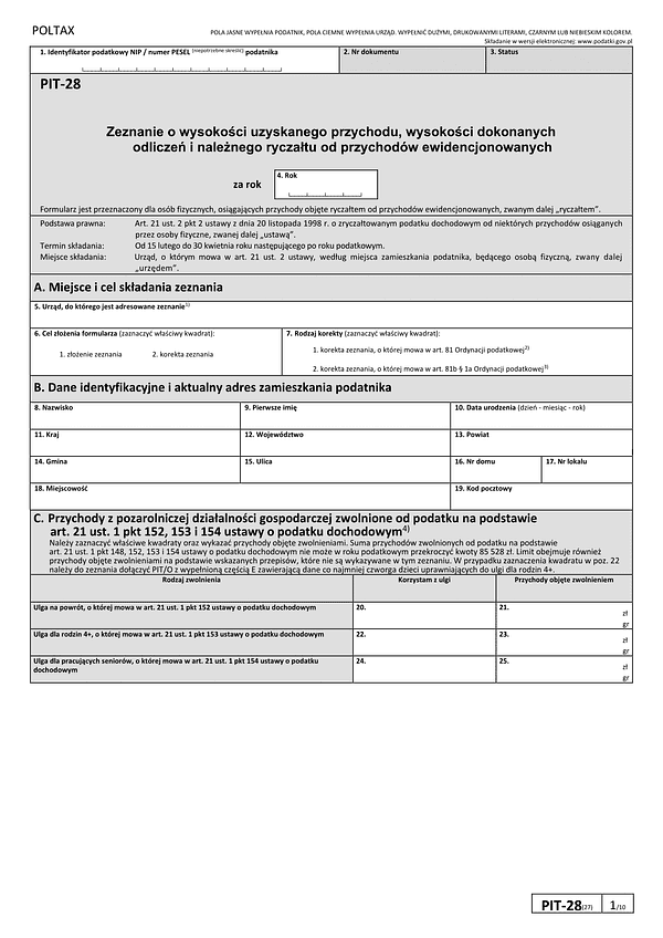  PIT-28 Zeznanie o wysokości uzyskanego przychodu, wysokości dokonanych odliczeń i należnego ryczałtu od przychodów ewidencjonowanych