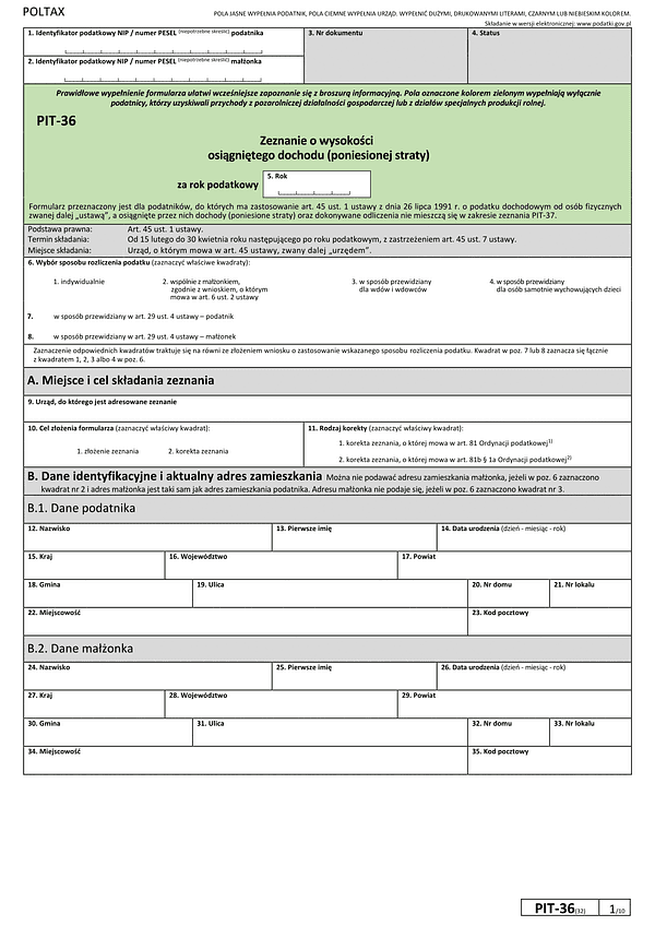  PIT-36 Zeznanie o wysokości osiągniętego dochodu (poniesionej straty)
