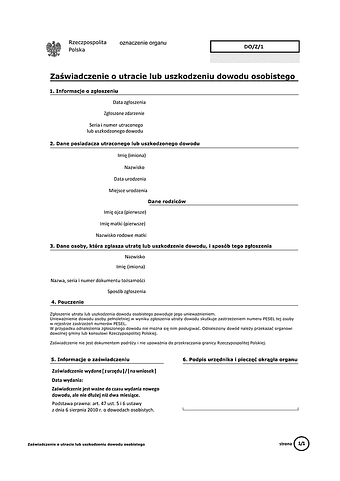 DO/Z/1 Zaświadczenie o utracie lub uszkodzeniu dowodu osobistego