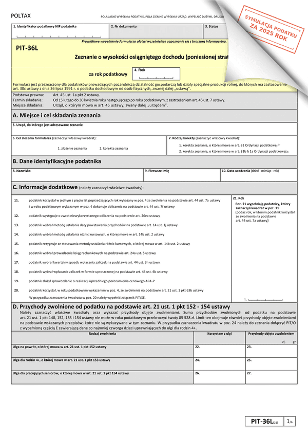 PIT-36L (21) (2025) Zeznanie o wysokości osiągniętego dochodu (poniesionej straty) 