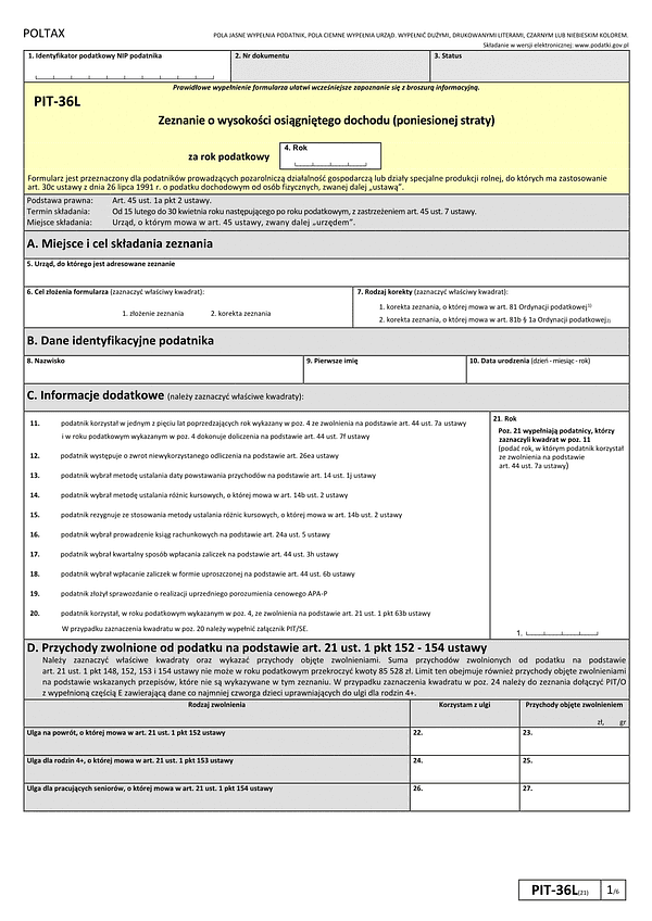  Deklaracja PIT-36L - podatek liniowy