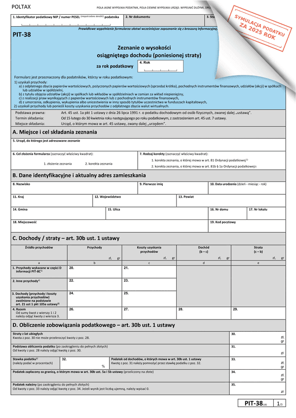 PIT-38 (18) (2025) Zeznanie o wysokości osiągniętego dochodu (poniesionej straty)
