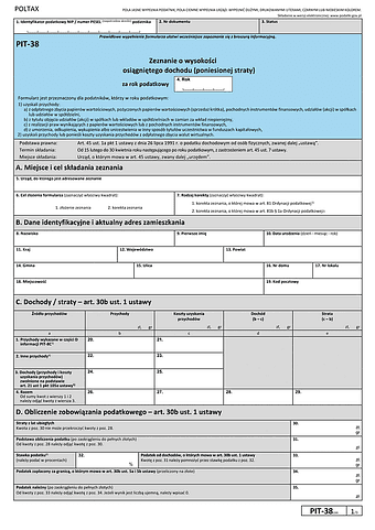 PIT-38 (18) (2025) Zeznanie o wysokości osiągniętego dochodu (poniesionej straty)