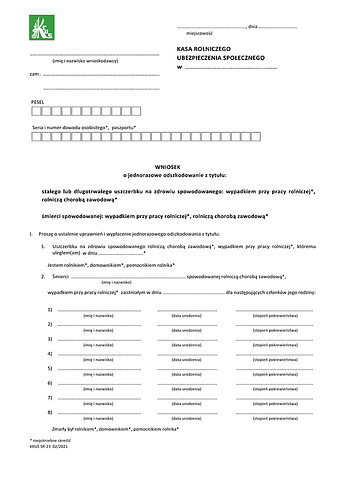 KRUS SR-23  Wniosek o jednorazowe odszkodowanie z tytułu stałego lub długotrwałego uszczerbku na zdrowiu spowodowanego wypadkiem przy pracy rolniczej lub rolniczą chorobą zawodową lub śmierci