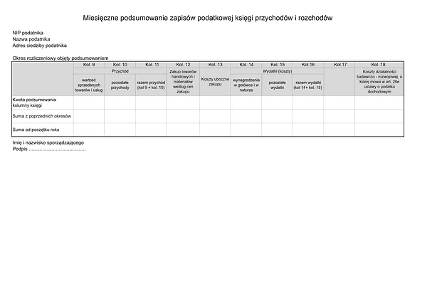 PKPIR - M Miesięczne podsumowanie zapisów podatkowej księgi przychodów i rozchodów