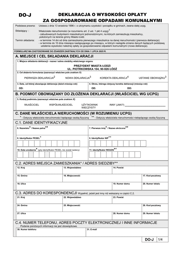 DO-J Deklaracja o wysokości opłaty za gospodarowanie odpadami komunalnymi Łódź