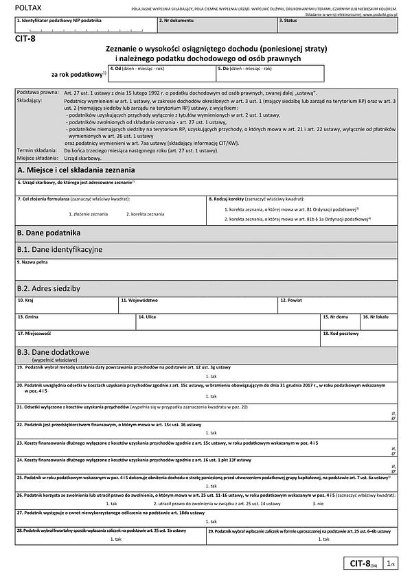 CIT-8 Zeznanie o wysokości osiągniętego dochodu (poniesionej straty)