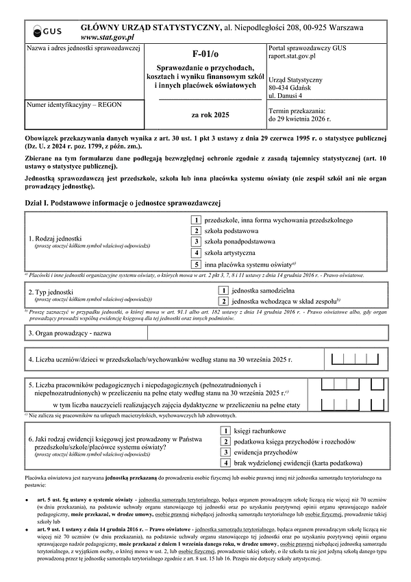 GUS F-01/o (2026) Sprawozdanie o przychodach, kosztach i wyniku finansowym szkół i innych placówek oświatowych za rok 2026