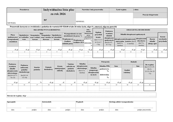 ILP (2026) Indywidualna lista płac (umowa o pracę)