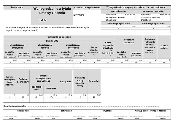ZLP (2026) Wynagrodzenie z tytułu umowy zlecenia (lista płac)