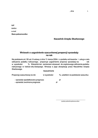 WoSPS Wniosek o uzgodnienie szacunkowej proporcji sprzedaży