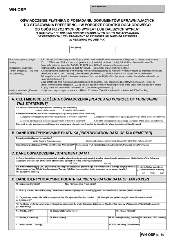 WH-OSP (5) Oświadczenie płatnika podatku dochodowego od osób fizycznych