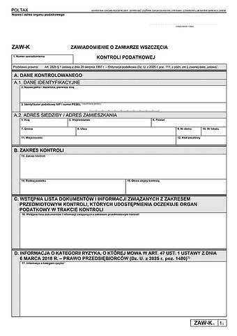 ZAW-K (5) Zawiadomienie o zamiarze wszczęcia kontroli podatkowej