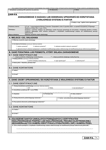 ZAW-FA (2) Zawiadomienie o nadaniu lub odebraniu uprawnień do korzystania z Krajowego Systemu e-Faktur (KSeF)