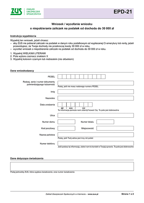 ZUS EPD-21 Wniosek / wycofanie wniosku o niepobieranie zaliczek na podatek od dochodu do 30 000 zł