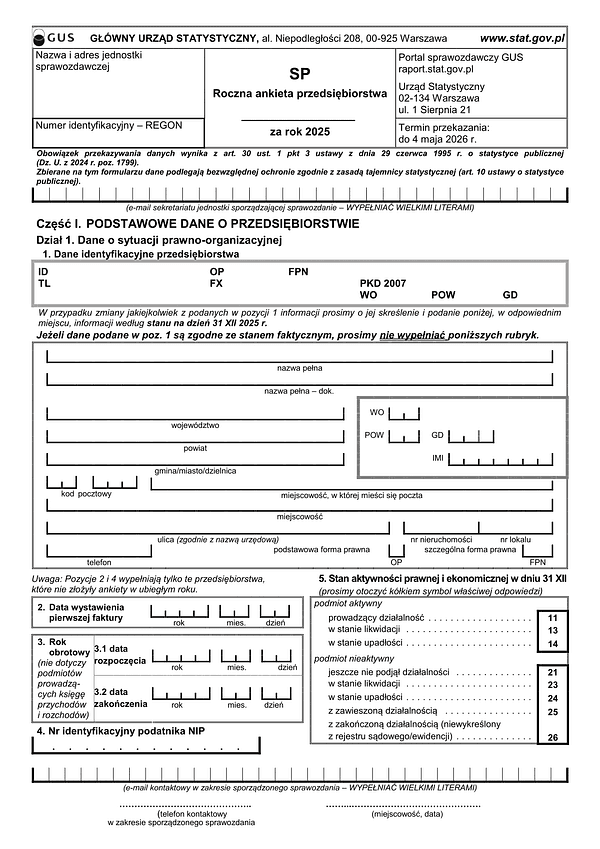 GUS SP (2025) Roczna ankieta przedsiębiorstwa za rok 2025