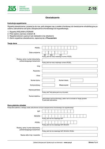 ZUS Z-10 Oświadczenie - wersja papierowa