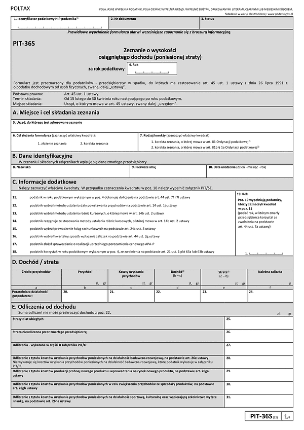 PIT-36S (32) (2025) Zeznanie o wysokości osiągniętego dochodu (poniesionej straty) 