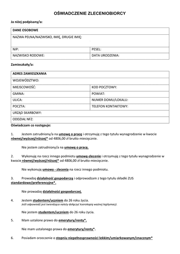 OZ Oświadczenie zleceniobiorcy (od 01.01.2026r.)