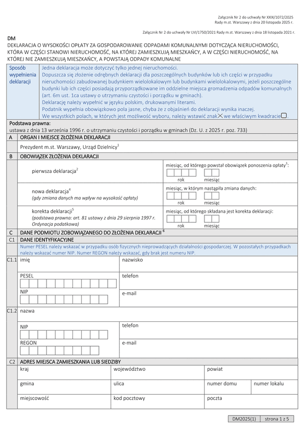 DM Deklaracja o wysokości opłaty za gospodarowanie odpadami komunalnymi dla nieruchomości, która w części stanowi nieruchomość, na której zamieszkują mieszkańcy