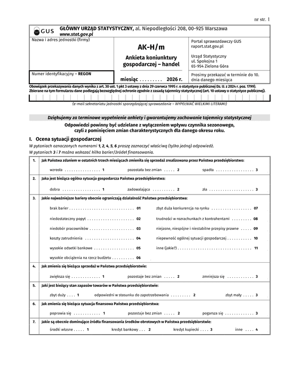 GUS AK-H/m (2026) Ankieta koniunktury gospodarczej - handel
