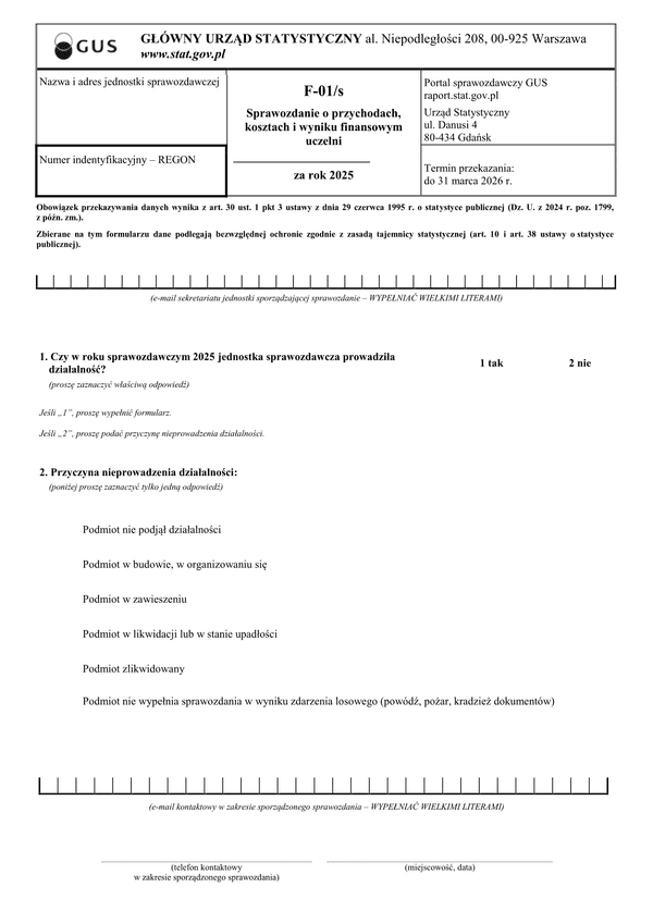 GUS F-01/s (2025) Sprawozdanie o przychodach, kosztach i wyniku finansowym szkół wyższych za rok 2025