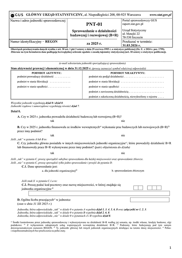 GUS PNT-01 (2025) Sprawozdanie o działalności badawczej i rozwojowej za 2025 r.