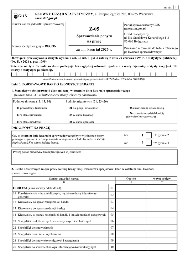 GUS Z-05 (2026) Badanie popytu na pracę