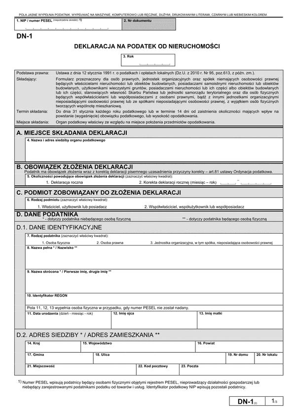 DN-1 (2) (archiwalny) Deklaracja na podatek od nieruchomości