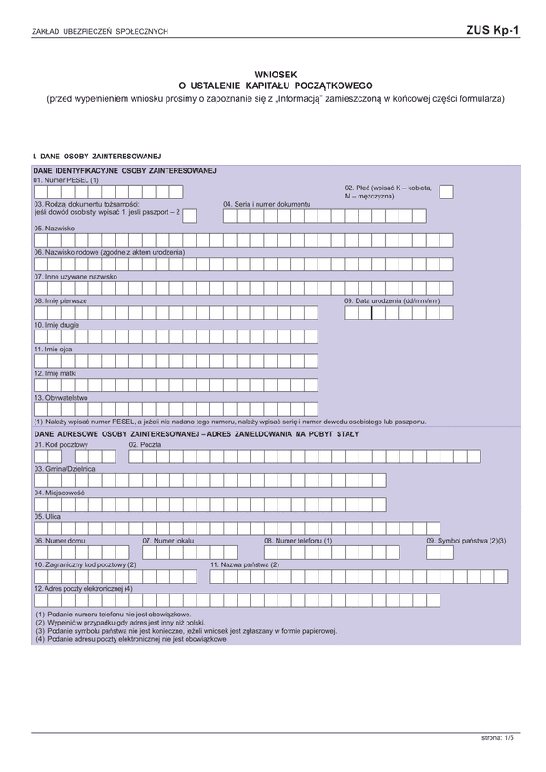 ZUS KP-1 (archiwalny) (od VII 2015) Wniosek o ustalenie kapitału początkowego