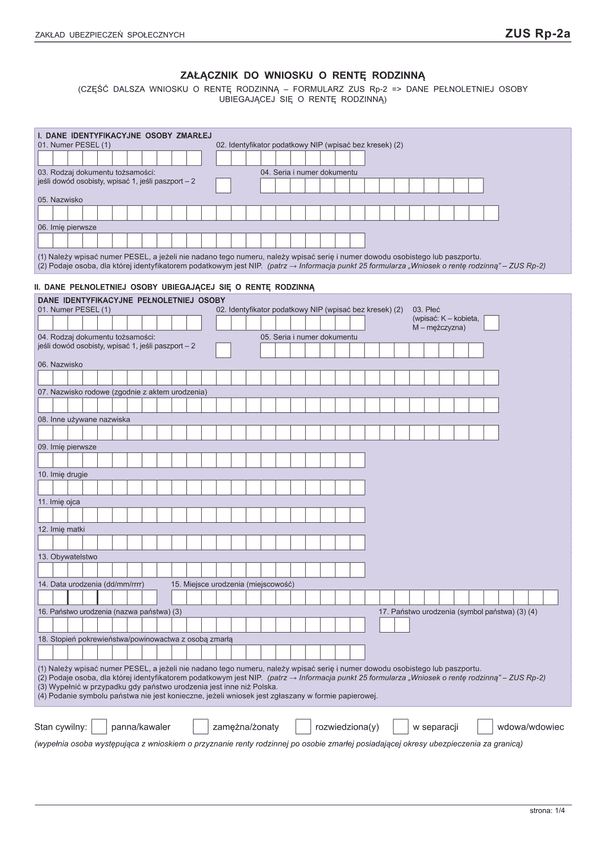 ZUS Rp-2a (archiwalny) (od VII 2015) Załącznik do wniosku o rentę rodzinną (część dalsza z formularza ZUS Rp-2 III. Dane członków rodziny ubiegających się o rentę)