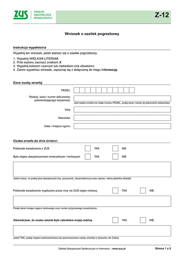 ZUS Z-12 Wniosek o wypłatę zasiłku pogrzebowego - wersja papierowa