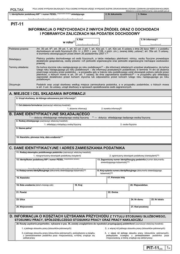 PIT-11 Informacja o dochodach, pobranych zaliczkach na podatek dochodowy, wypłaconym stypendium oraz przychodach z innych źródeł  (PIT-11 / PIT-11Z) 