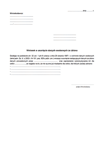 WoUDO Wniosek o usunięcie danych ze zbioru danych osobowych