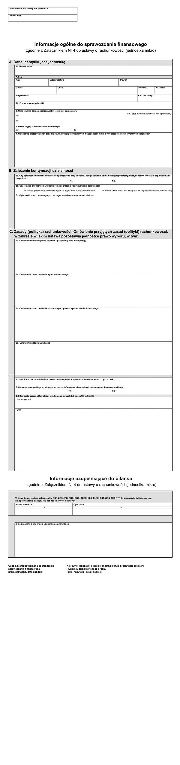 SFJMI Info (2) Informacje ogólne oraz informacje uzupełniające do bilansu sprawozdania finansowego dla jednostek mikro - zgodnie z Załącznikiem Nr 4 do ustawy o rachunkowości - z wysyłką pliku xml JPK_SF 