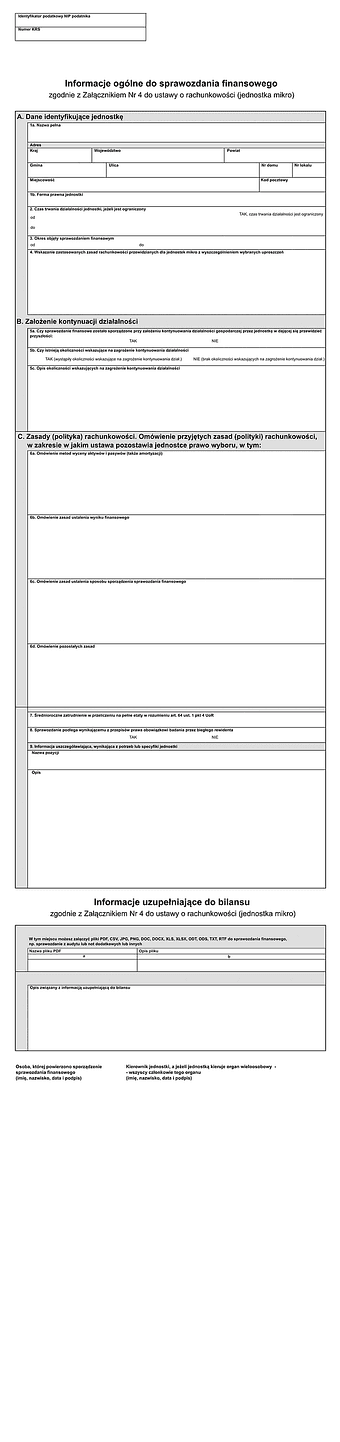 SFJMI Info (2) Informacje ogólne oraz informacje uzupełniające do bilansu sprawozdania finansowego dla jednostek mikro - zgodnie z Załącznikiem Nr 4 do ustawy o rachunkowości - z wysyłką pliku xml JPK_SF 
