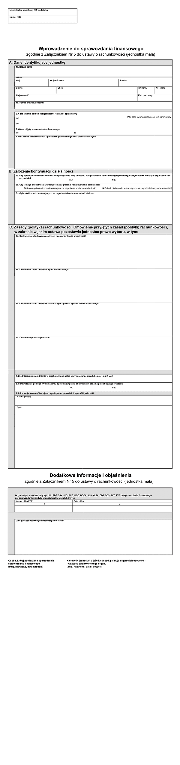 SFJMA Info (2) Wprowadzenie oraz dodatkowe informacje i objaśnienia do sprawozdania finansowego - zgodnie z Załącznikiem Nr 5 do ustawy o rachunkowości (jednostka mała) w złotych - z wysyłką pliku xml JPK_SF