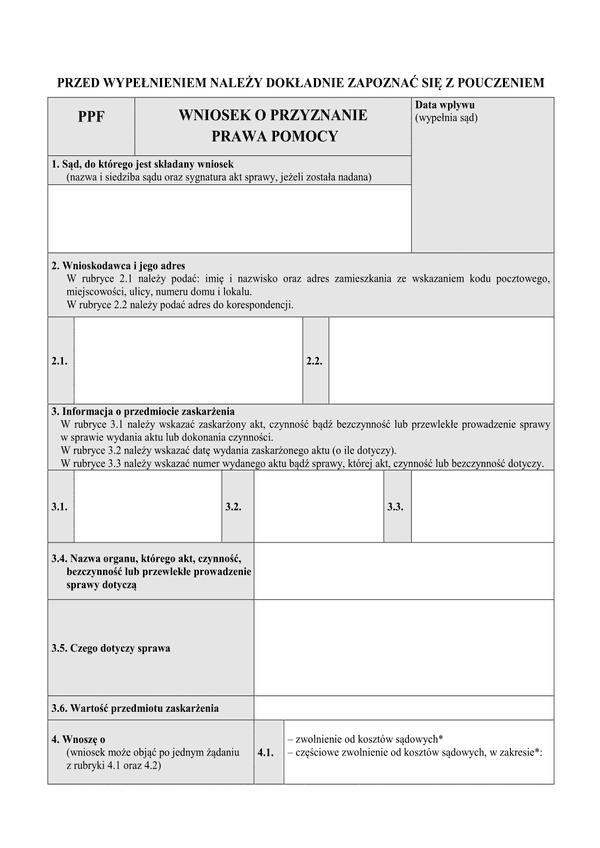 PPF (archiwalny) Wniosek o przyznanie prawa pomocy - osoba fizyczna