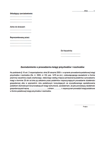 ZoPPkPiR Zawiadomienie o prowadzeniu podatkowej księgi przychodów i rozchodów