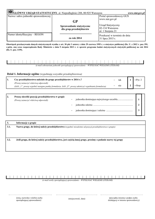 GUS GP (2014) (archiwalny) Sprawozdanie statystyczne dla grup przedsiębiorstw