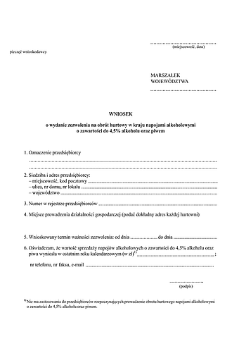 WwznA Wniosek o wydanie zezwolenia na obrót hurtowy w kraju napojami alkoholowymi o zawartości do 4,5% alkoholu oraz piwem