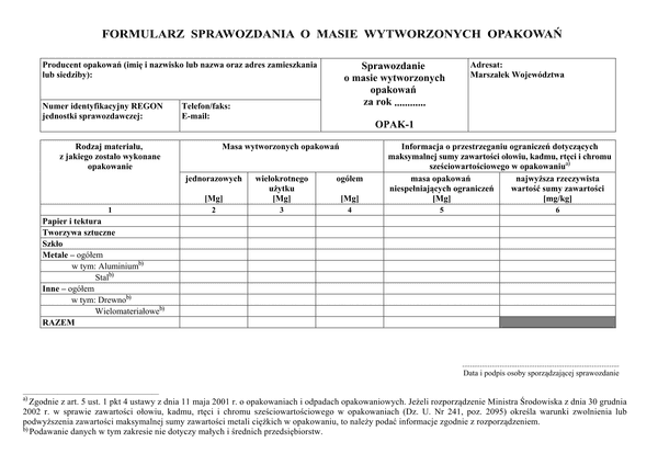 OPAK-1 (archiwalny) Formularz sprawozdania o masie wytworzonych opakowań