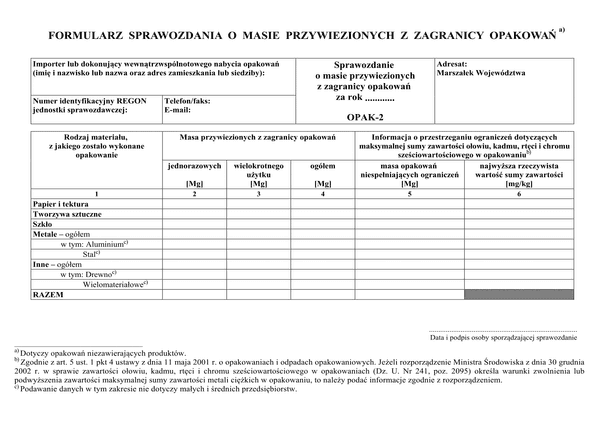 OPAK-2 (archiwalny) Formularz sprawozdania o masie wytworzonych opakowań