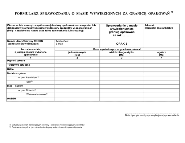 OPAK-3 (archiwalny) Formularz sprawozdania o masie wytworzonych opakowań