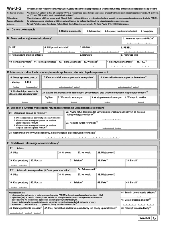 PFRON Wn-U-G (archiwalny) Wniosek osoby niepełnosprawnej wykonującej działalność gospodarczą o wypłatę refundacji składek na ubezpieczenia społeczne