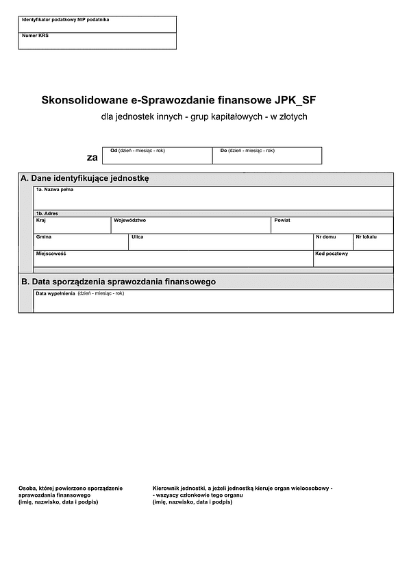Skonsolidowane e-Sprawozdanie finansowe JPK_SF dla jednostek innych - grup kapitałowych w złotych - z wysyłką pliku xml JPK_SF (v.1-2) (v.1-3)