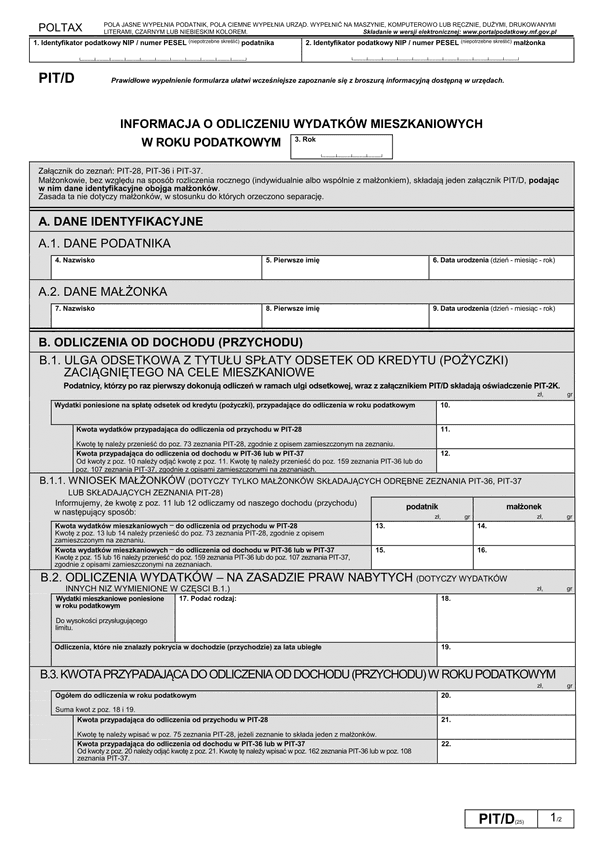 PIT/D (25) (archiwalny) (2015) Informacja o odliczeniu wydatków mieszkaniowych w roku podatkowym
